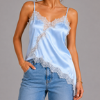 Front view of sky blue satin lace V-neck sleeveless top with asymmetrical hem design by BELLA HUDSON