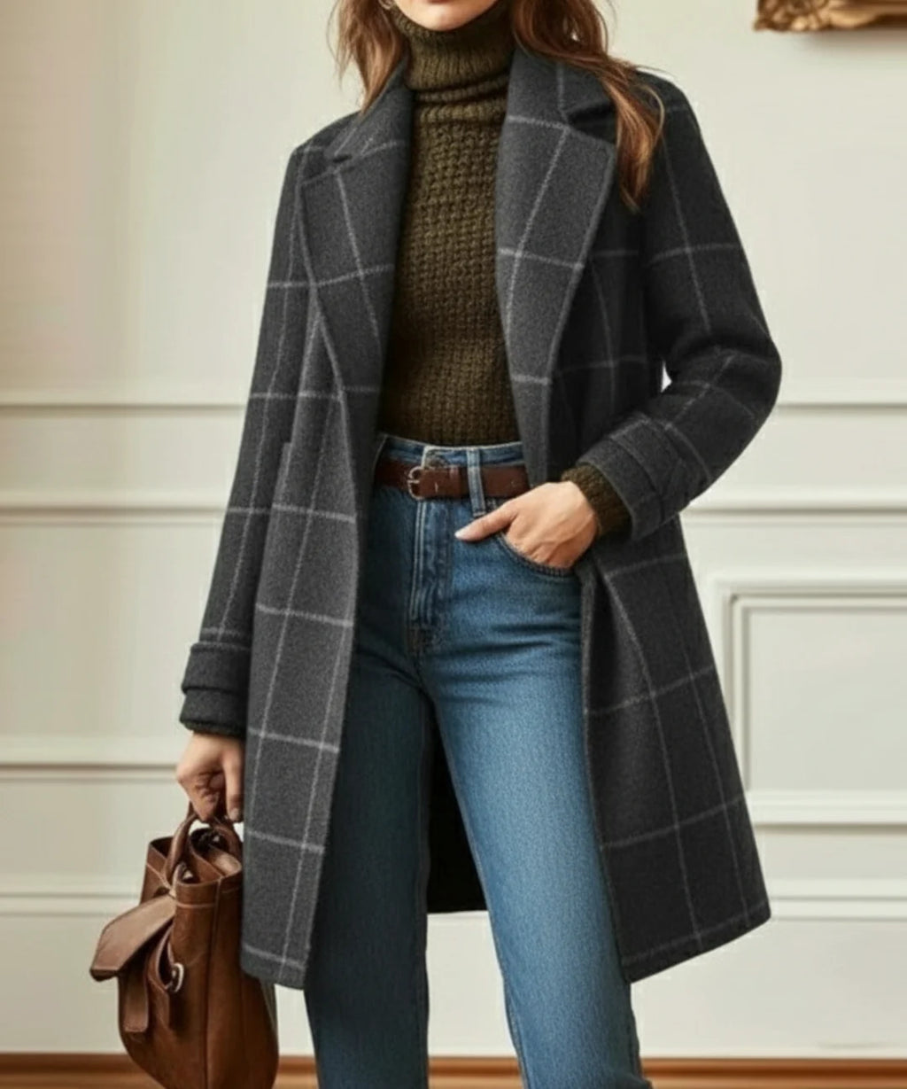 Charlotte Gray long plaid coat featuring a classic windowpane pattern, wide notched lapels, relaxed open-front design, and long sleeves