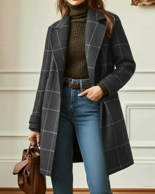 Charlotte Gray long plaid coat featuring a classic windowpane pattern, wide notched lapels, relaxed open-front design, and long sleeves