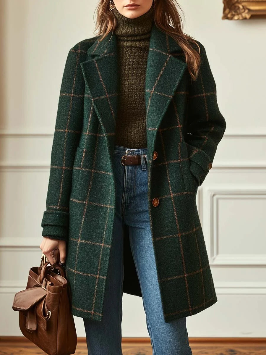Charlotte Green long plaid coat with windowpane checks, structured notched lapels, relaxed silhouette, and long sleeves