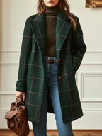 Charlotte Green long plaid coat with windowpane checks, structured notched lapels, relaxed silhouette, and long sleeves