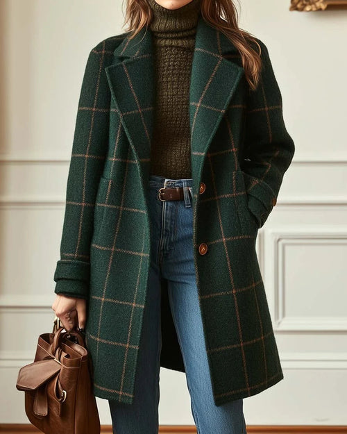 Charlotte Green long plaid coat with windowpane checks, structured notched lapels, relaxed silhouette, and long sleeves
