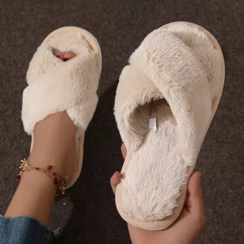 Chloe Beige cross-strap slippers with soft faux-fur texture, open-toe design, and flat soles