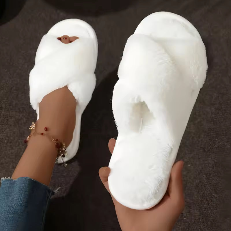 Chloe White faux-fur slippers with fluffy cross straps, open-toe design, soft footbed, and flat sole