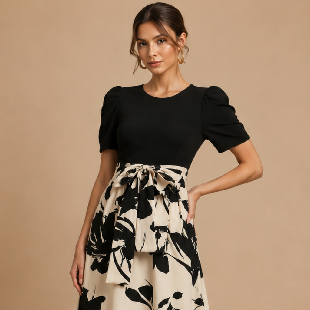 Close-up detail of the Claire Bow-Tie Maxi Dress highlighting the floral print fabric and bow-tie waist detail. Designed by Bella Hudson.