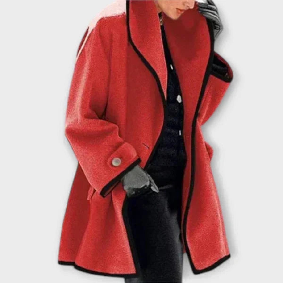Claire Red contrast-trim swing coat with a wide shawl collar, relaxed fit, long sleeves, and open-front styling