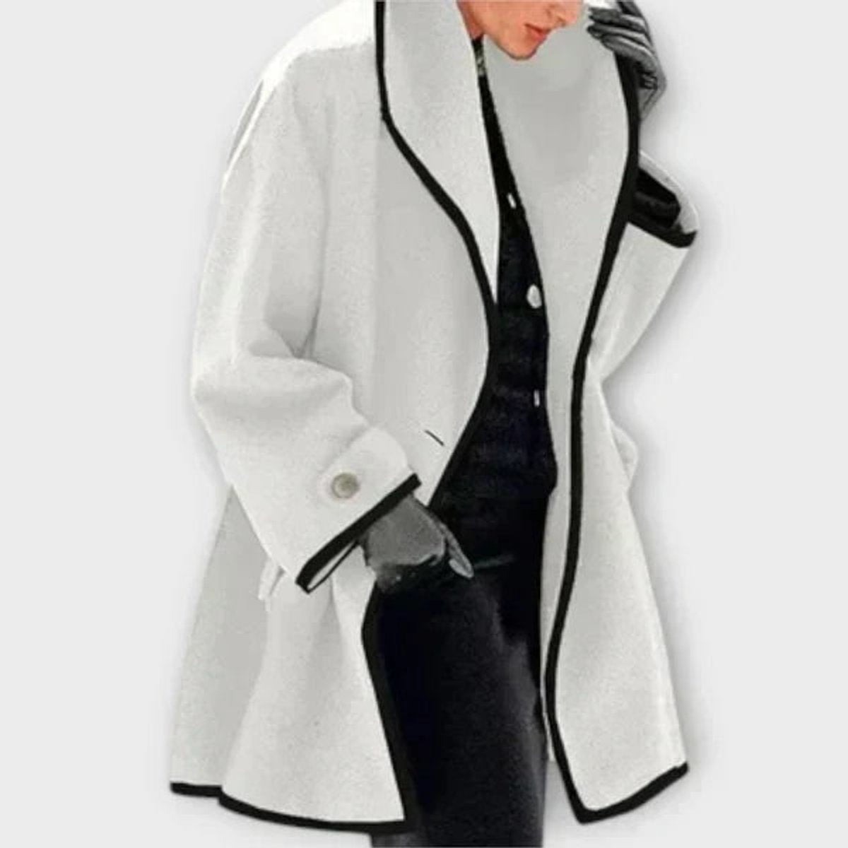 Claire White contrast-trim coat with a wide shawl collar, oversized fit, long sleeves, and a flowing open-front design