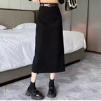 Clara Black corduroy midi skirt with high waist and matching belt