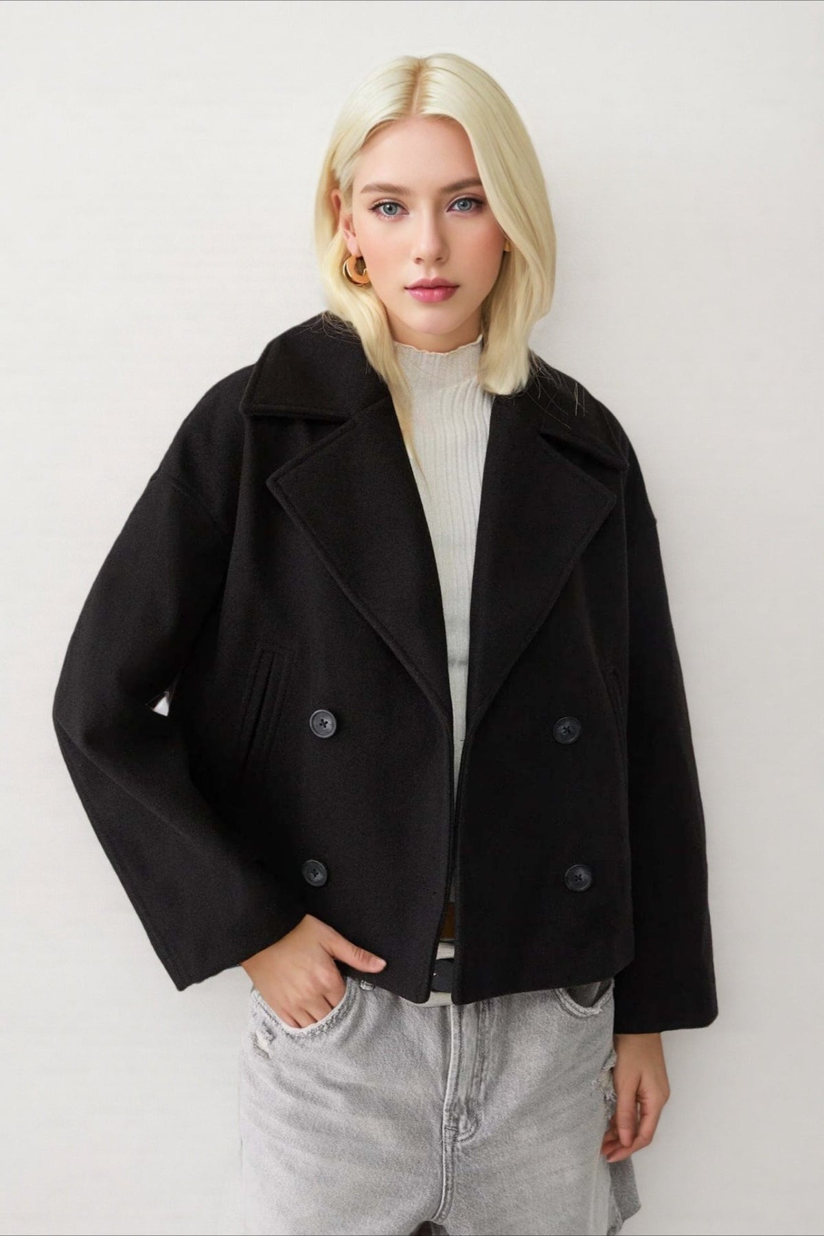 Clara Black cropped double-breasted coat featuring wide lapels, a relaxed fit, long sleeves, and double-breasted button closure