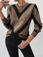 Clara Brown geometric knit sweater with crew neckline, chevron pattern, and long sleeves
