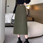 Clara Green corduroy midi skirt with high-waist belted silhouette