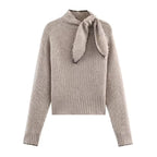 Clara Khaki ribbed knit sweater with tie-neck detail, long sleeves, fitted cuffs, and cropped silhouette
