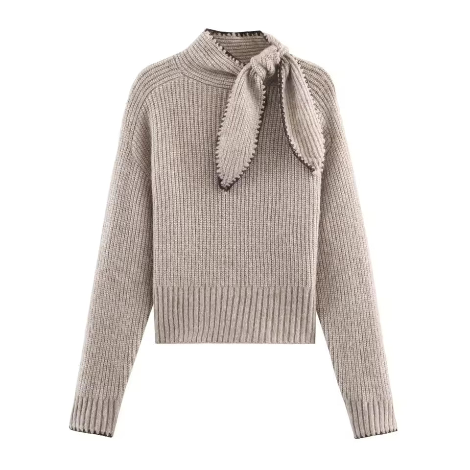 Clara Khaki ribbed knit sweater with tie-neck detail, long sleeves, fitted cuffs, and cropped silhouette