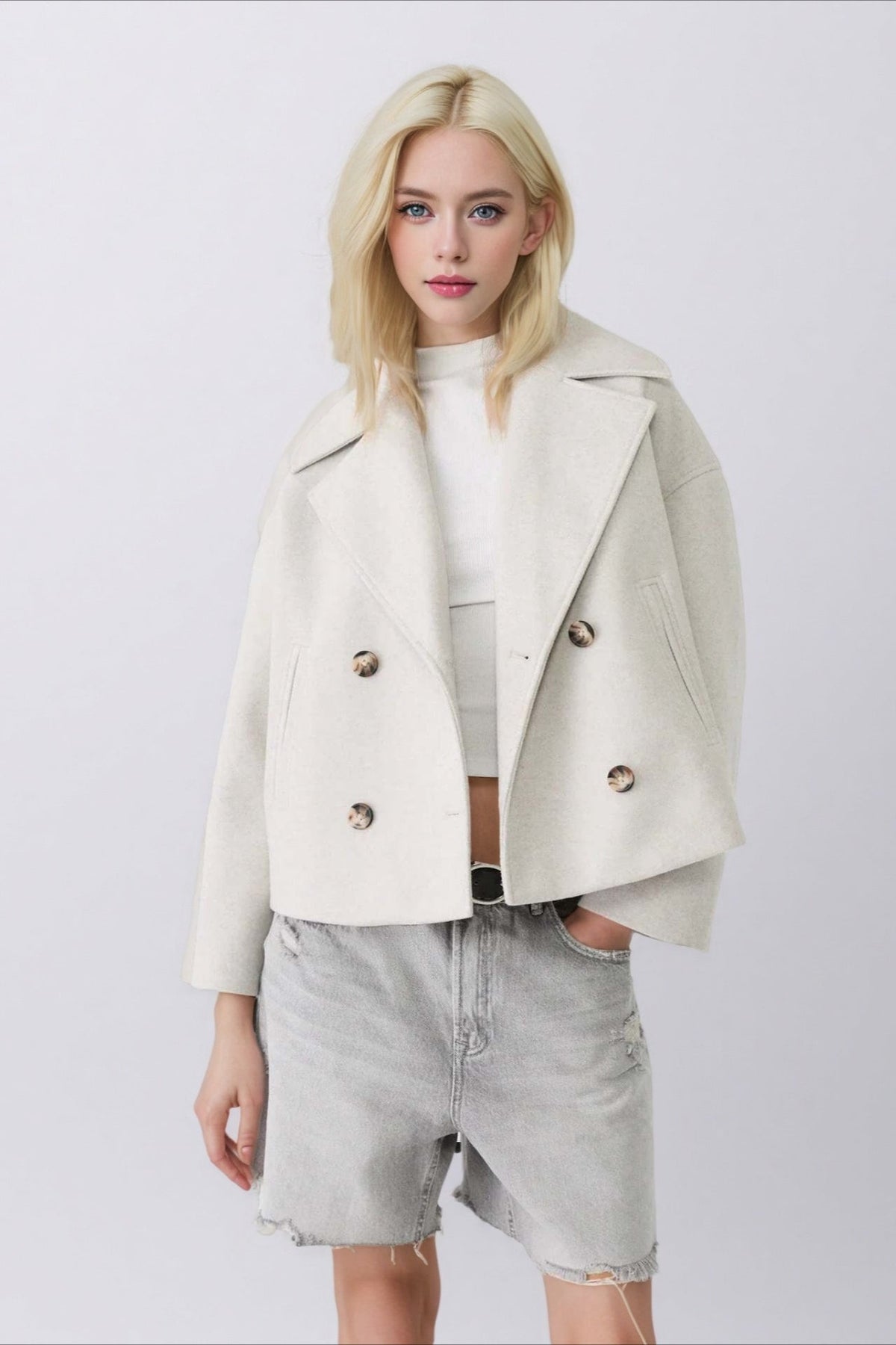 Clara White cropped double-breasted coat with wide lapels, long sleeves, relaxed fit, and double-breasted button-front styling