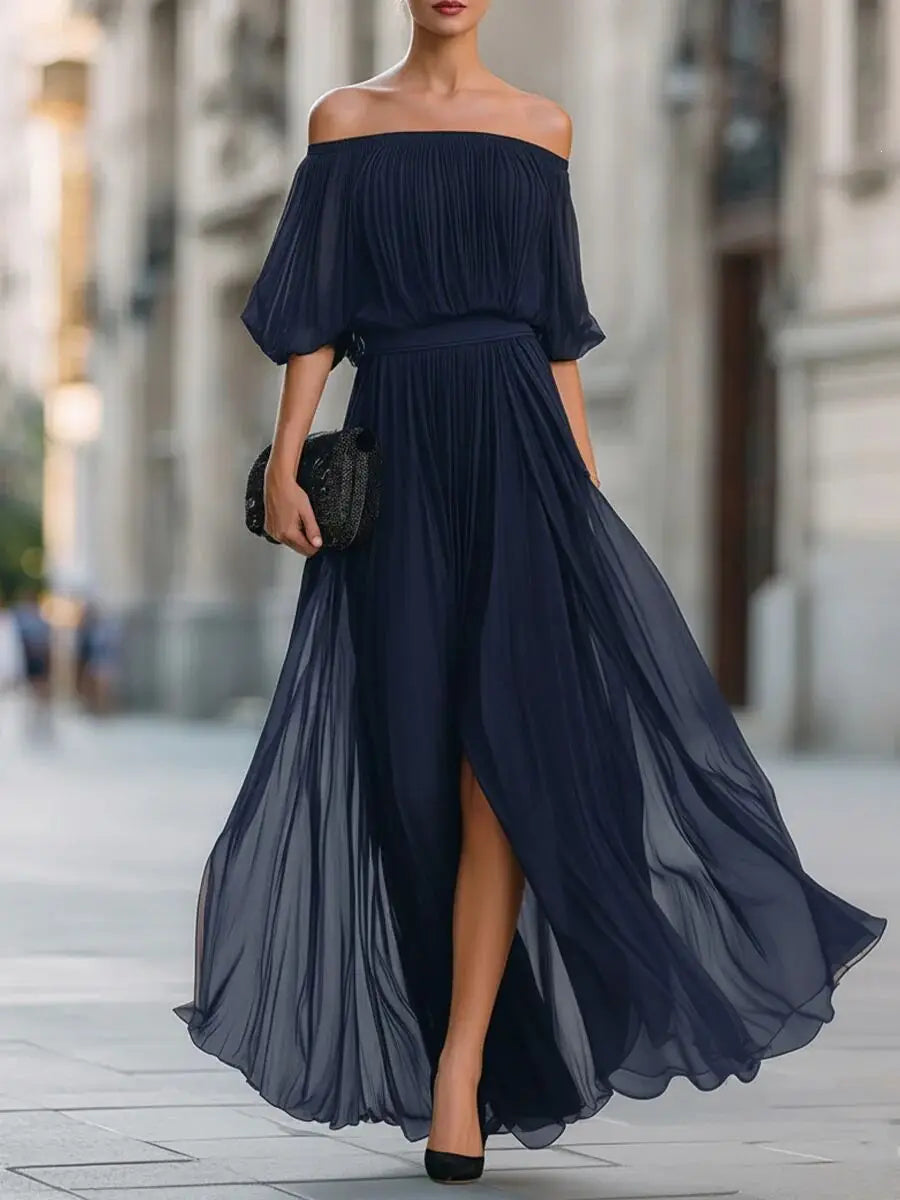 Clarabelle off-shoulder ruched chiffon maxi dress, view 3