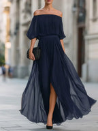 Clarabelle off-shoulder ruched chiffon maxi dress, view 3