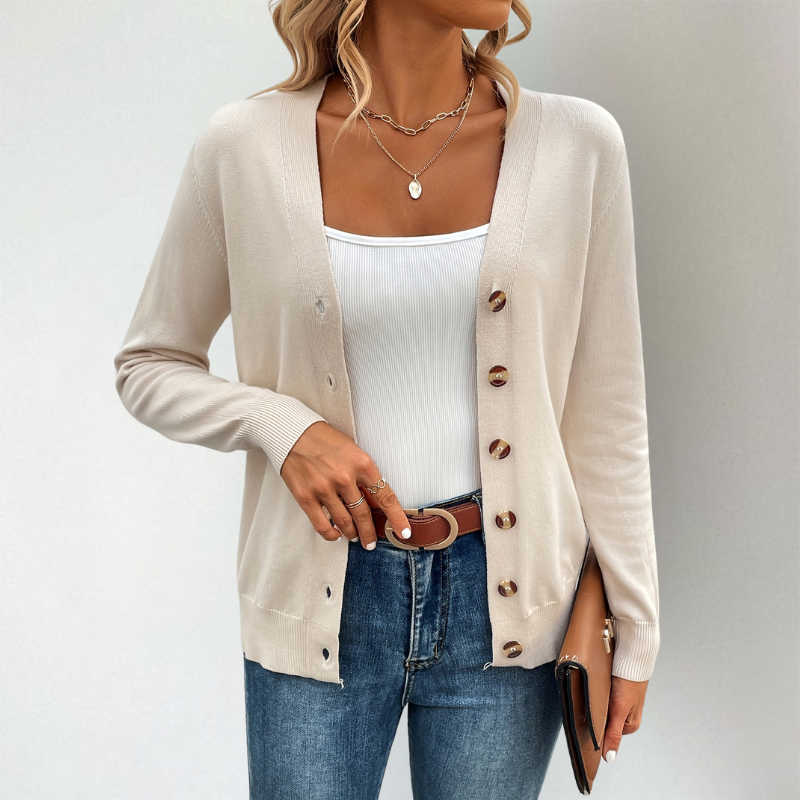 Clementine V-Neck Side Slit Cardigan, Beige