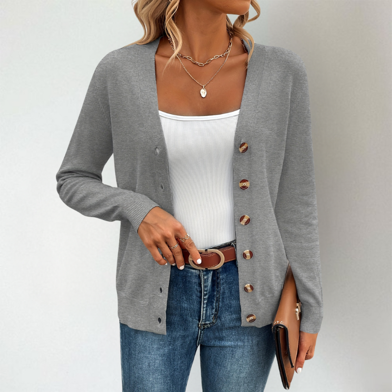 Clementine V-Neck Side Slit Cardigan, Gray