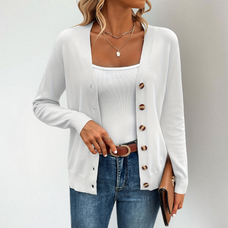 Clementine V-Neck Side Slit Cardigan, White
