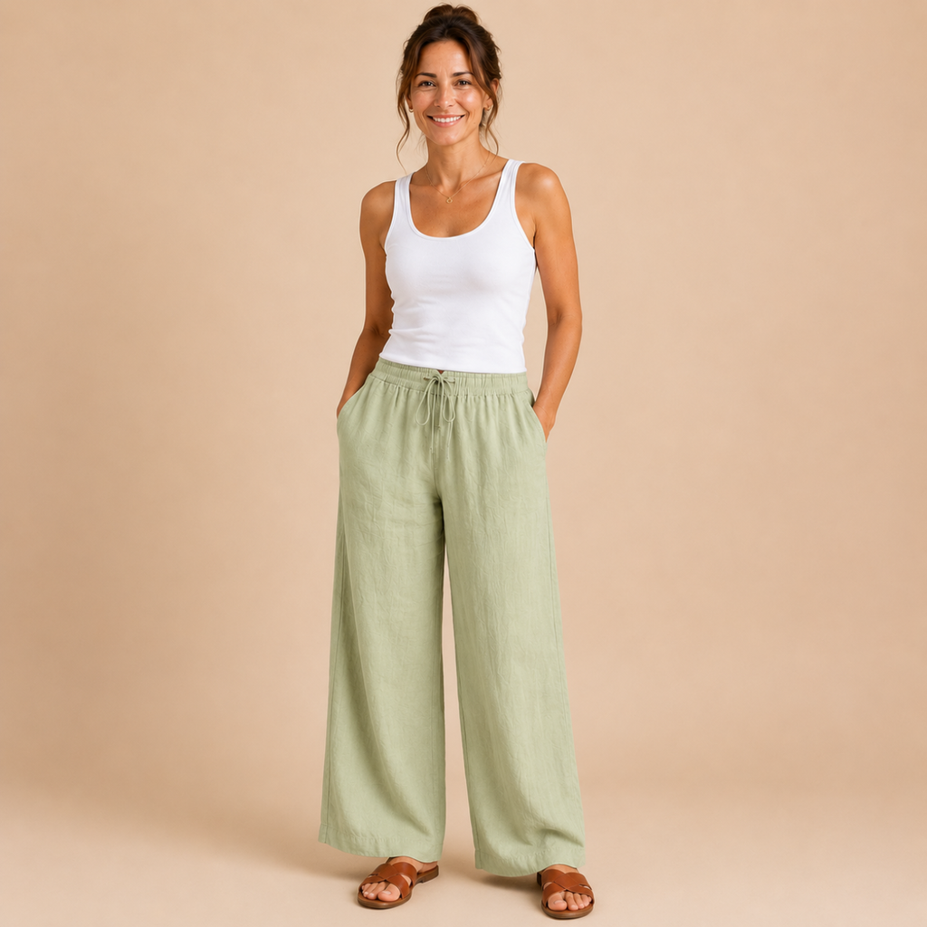 Front view of the Cleo Lightweight Linen Wide-Leg Summer Pants in green, featuring a relaxed wide-leg silhouette and breathable linen fabric. Designed by Bella Hudson.