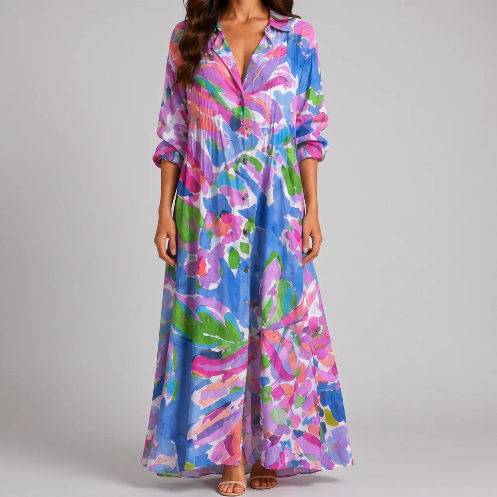 Front view of colorful abstract print maxi dress with relaxed fit by BELLA HUDSON