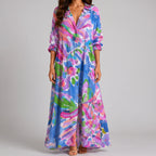 Front view of colorful abstract print maxi dress with relaxed fit by BELLA HUDSON