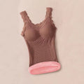 Cora Brown thermal camisole with V-neck lace trim, sleeveless design, and soft interior lining
