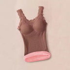 Cora Brown thermal camisole with V-neck lace trim, sleeveless design, and soft interior lining
