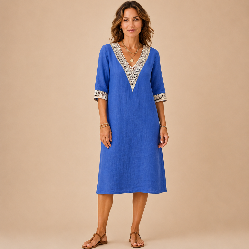 Front view of the Cora Midi Dress Lightweight Linen V-Neck Summer in blue, featuring lightweight linen fabric, decorative crochet V-neck trim, and a relaxed midi silhouette. Designed by Bella Hudson.