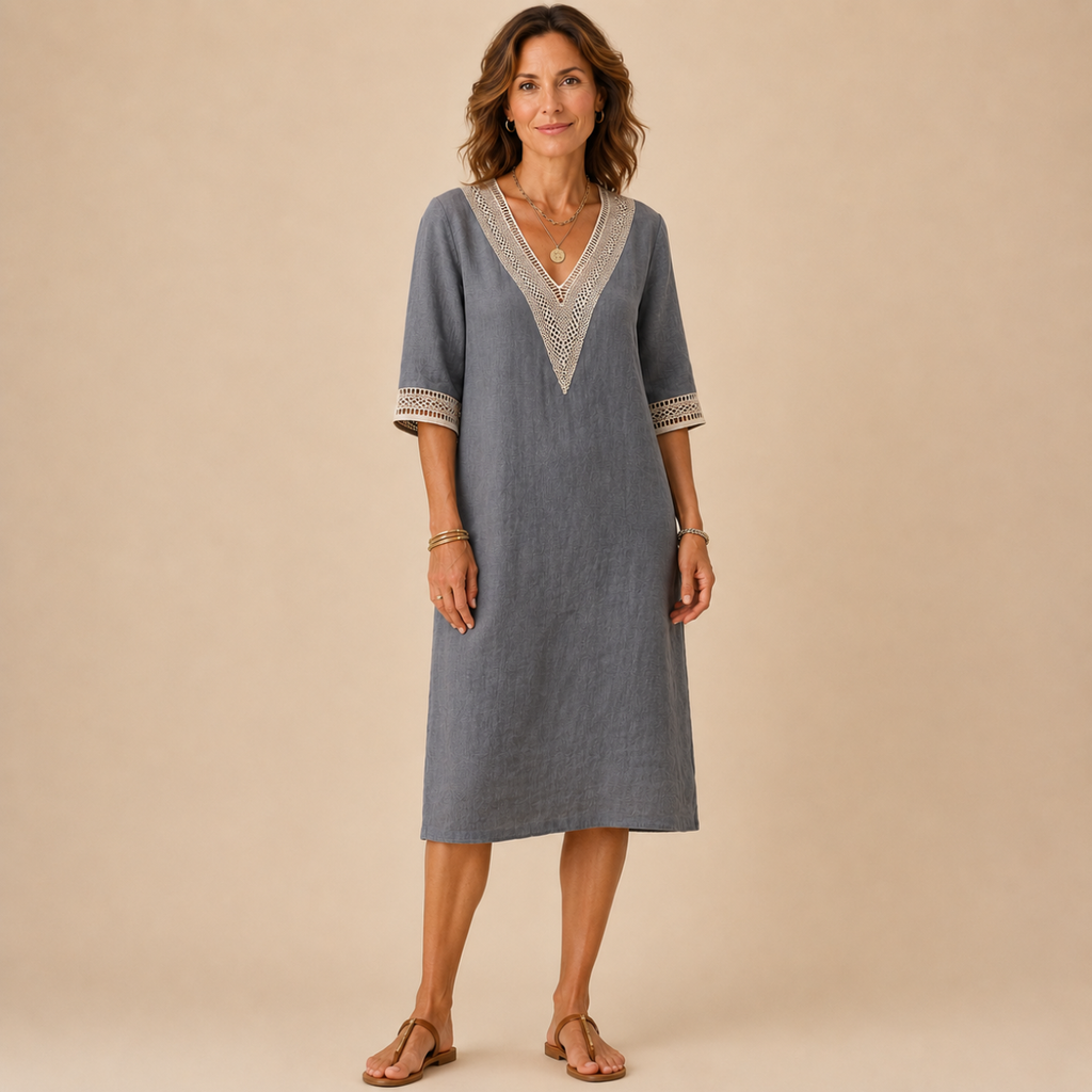 Front view of the Cora Midi Dress Lightweight Linen V-Neck Summer in gray, showcasing breathable linen fabric, crochet-trimmed V-neckline, and a timeless relaxed fit. Designed by Bella Hudson.