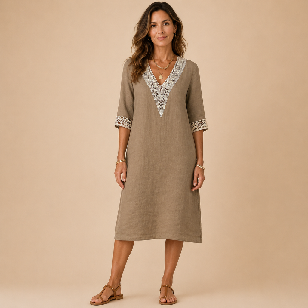 Front view of the Cora Midi Dress Lightweight Linen V-Neck Summer in khaki, featuring a relaxed linen silhouette, crochet V-neck detail, and elegant three-quarter sleeves. Designed by Bella Hudson.