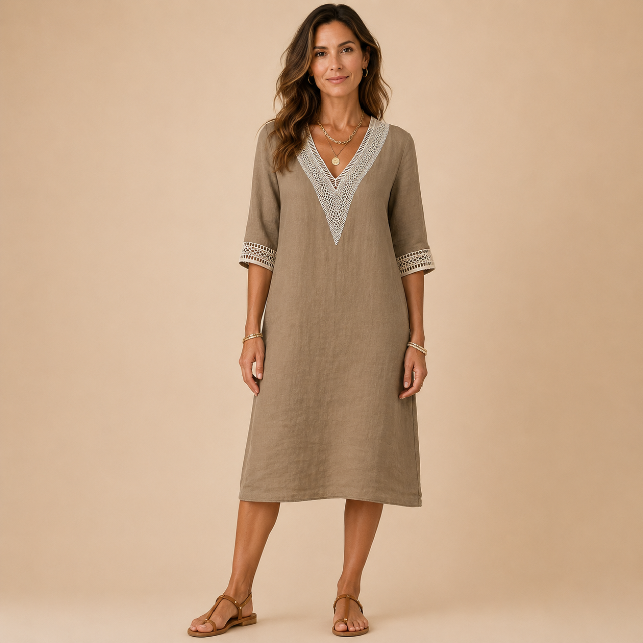 Front view of the Cora Midi Dress Lightweight Linen V-Neck Summer in khaki, featuring a relaxed linen silhouette, crochet V-neck detail, and elegant three-quarter sleeves. Designed by Bella Hudson.