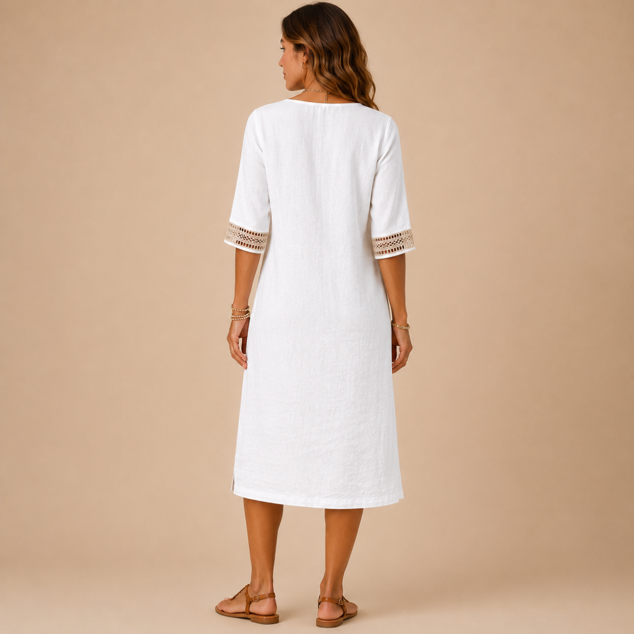 Back view of the Cora Midi Dress Lightweight Linen V-Neck Summer in white, highlighting the clean minimalist design, breathable linen fabric, and comfortable silhouette. Designed by Bella Hudson.