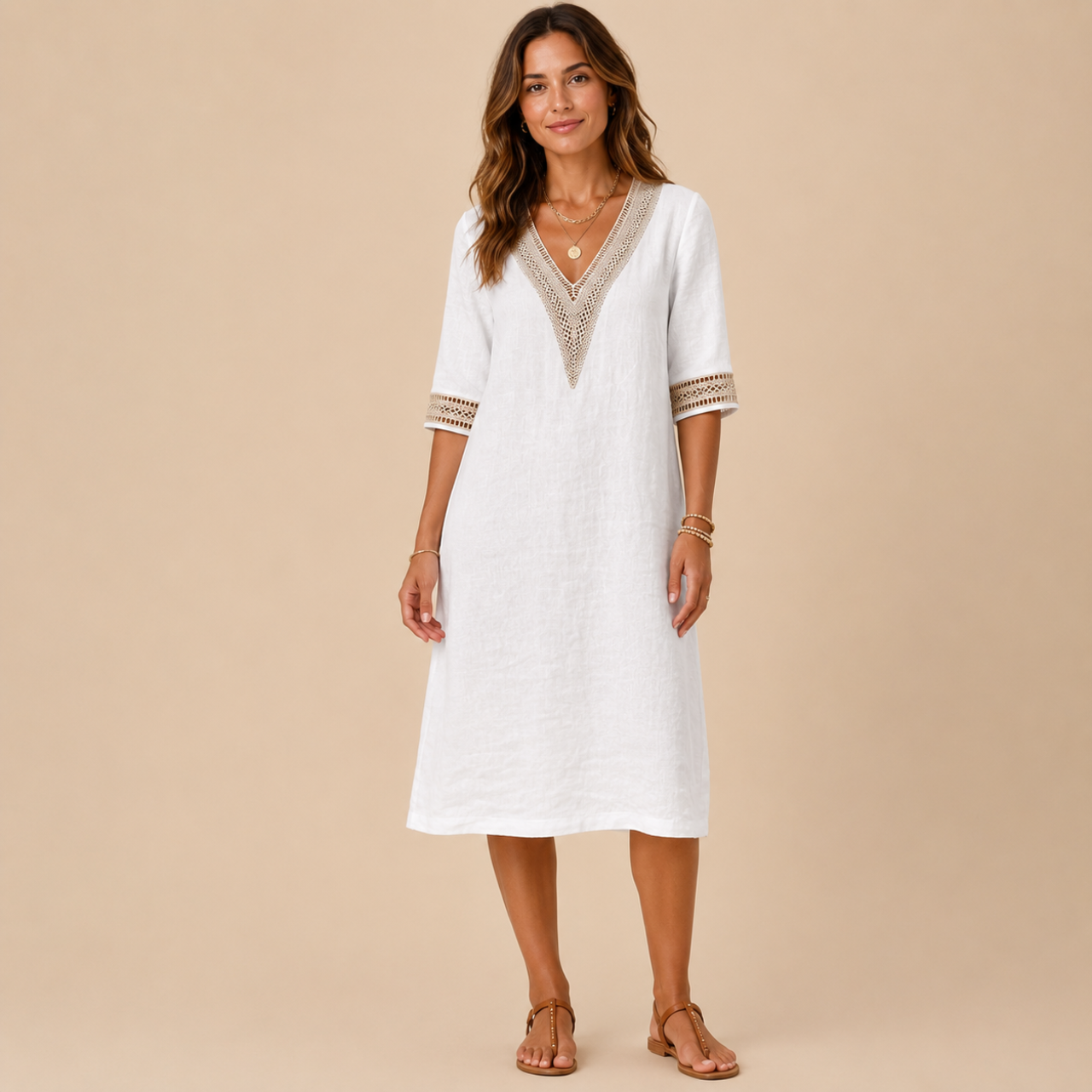 Front view of the Cora Midi Dress Lightweight Linen V-Neck Summer in white, featuring a relaxed linen silhouette, elegant V-neck with crochet trim, and three-quarter sleeves. Designed by Bella Hudson.