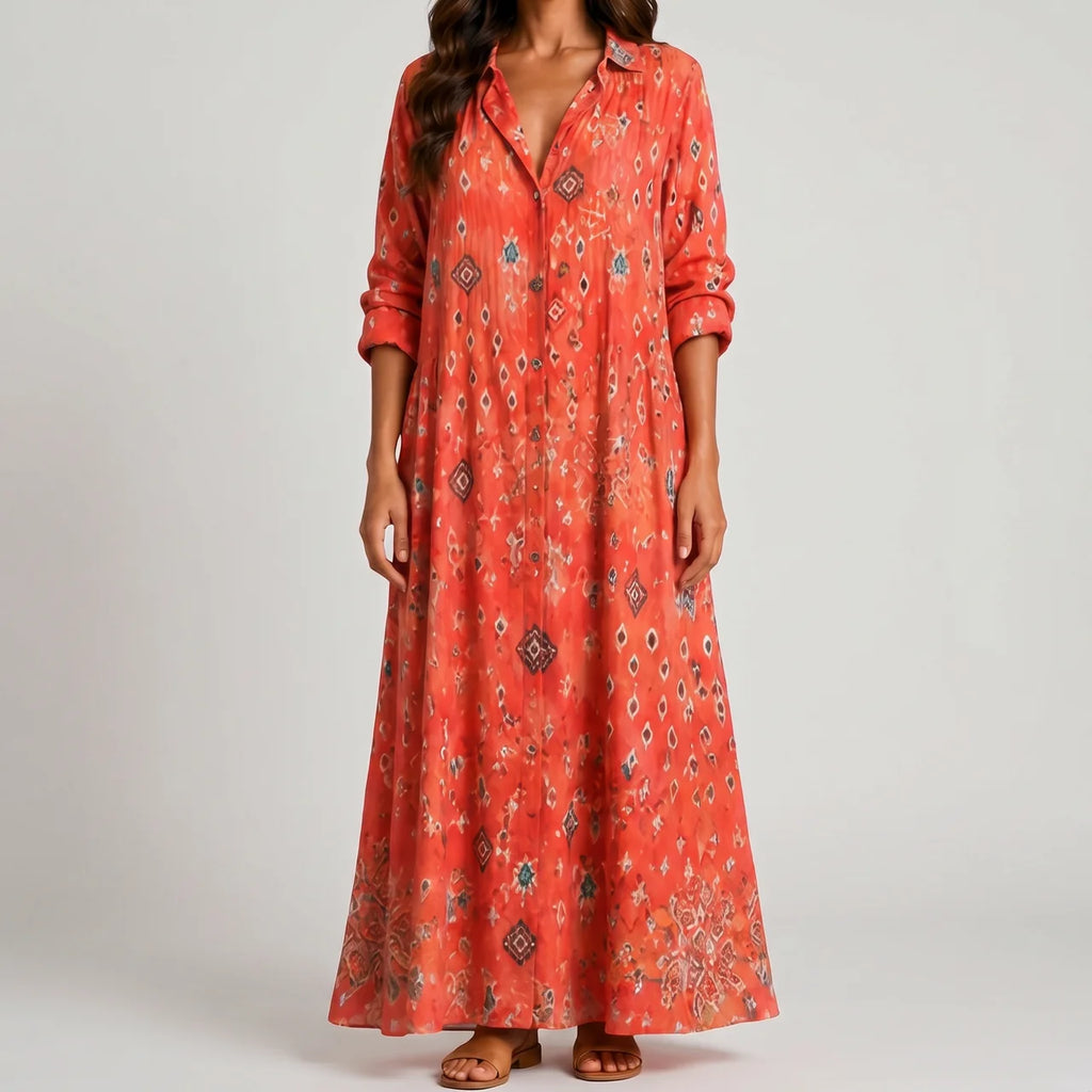 Front view of coral floral print maxi dress with short sleeves by BELLA HUDSON