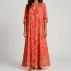Front view of coral floral print maxi dress with short sleeves by BELLA HUDSON