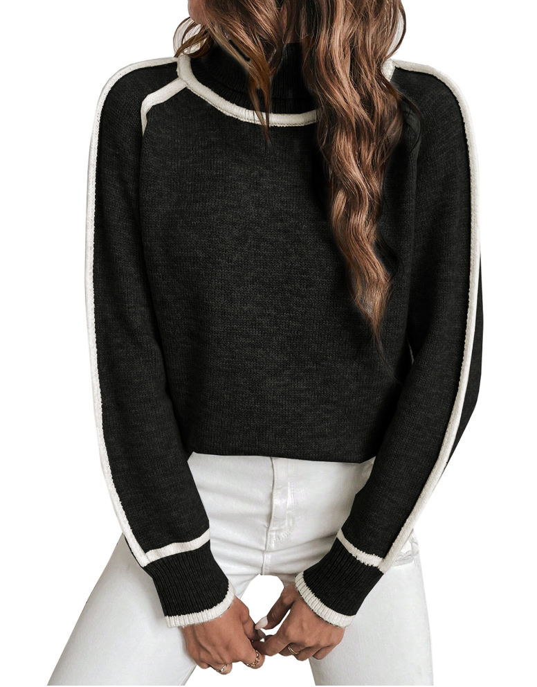 Coralie Contrast-Stitch Turtleneck Sweater, Black
