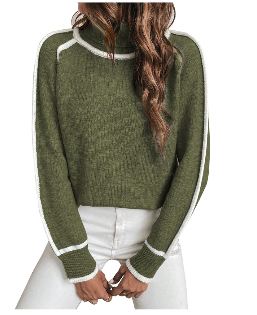 Coralie Contrast-Stitch Turtleneck Sweater, Dark Green