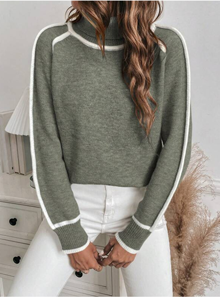 Coralie Contrast-Stitch Turtleneck Sweater, Green