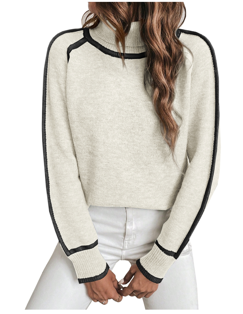 Coralie Contrast-Stitch Turtleneck Sweater, White