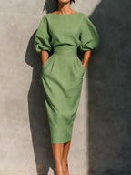 Cordelia pleated lantern-sleeve midi dress, view 5