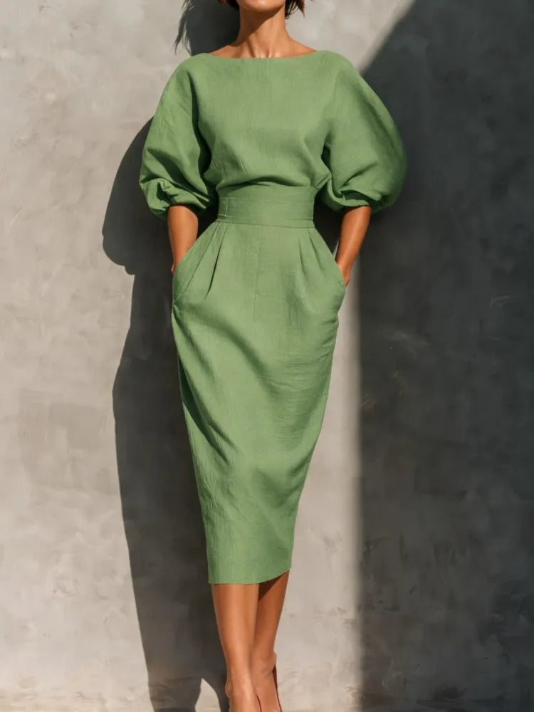 Cordelia pleated lantern-sleeve midi dress, view 5