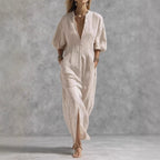 Corinna striped V-neck front-slit maxi dress, Beige