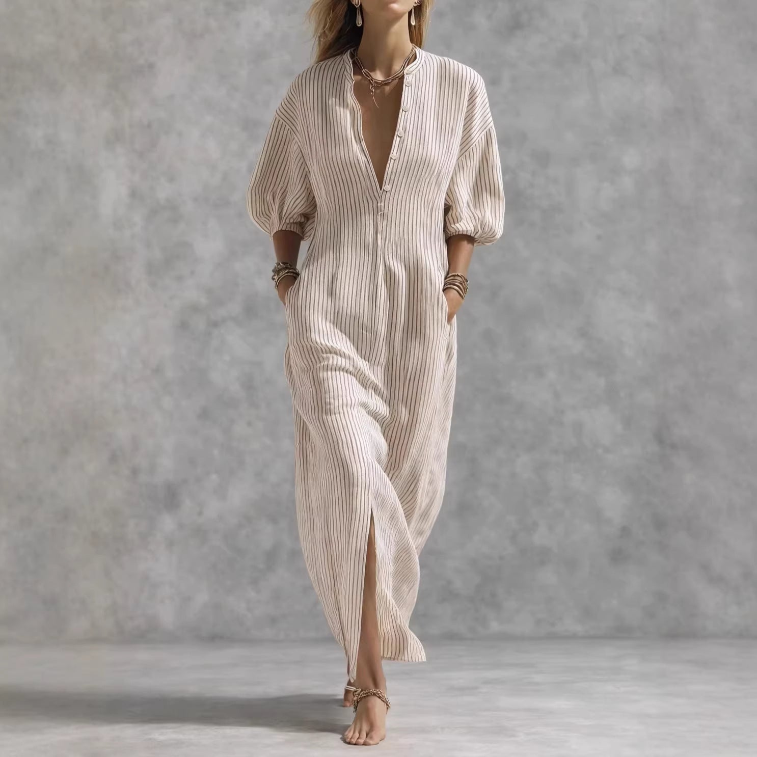 Corinna striped V-neck front-slit maxi dress, Beige