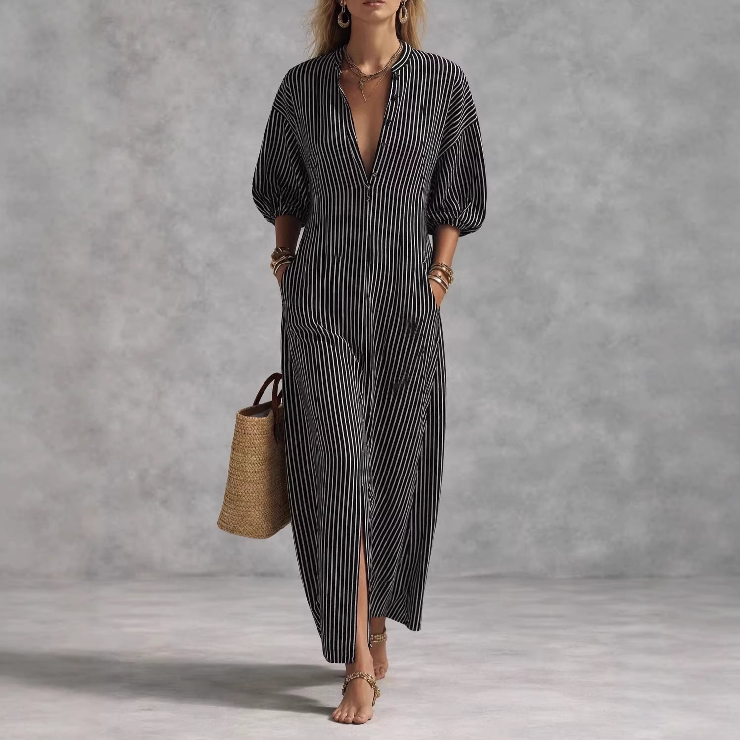 Corinna striped V-neck front-slit maxi dress, Black