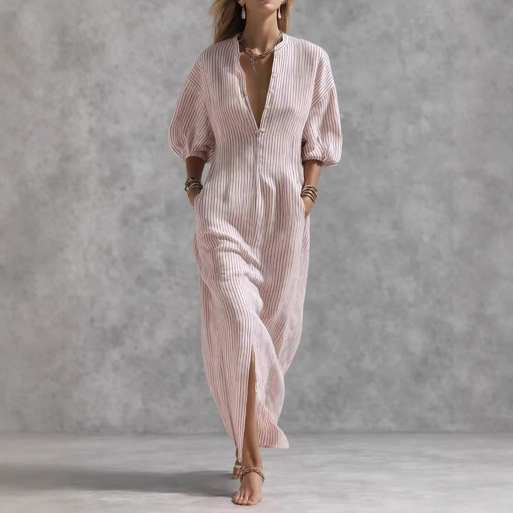 Corinna striped V-neck front-slit maxi dress, Pink