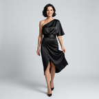Front view of the Corinne Cocktail Dress Satin One-Shoulder Side-Slit in black, featuring a one-shoulder neckline, draped satin bodice, gathered waist, and an elegant side-slit silhouette. Designed by Bella Hudson.