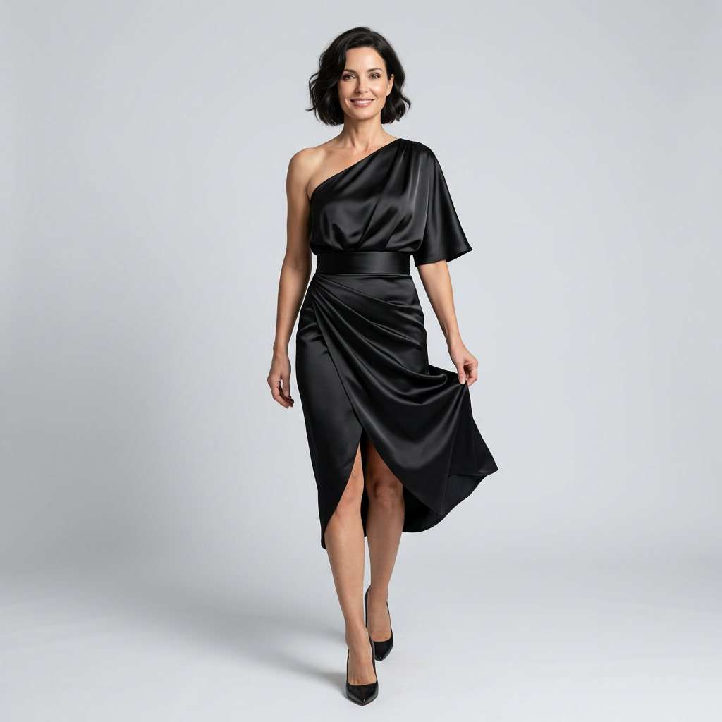 Front view of the Corinne Cocktail Dress Satin One-Shoulder Side-Slit in black, featuring a one-shoulder neckline, draped satin bodice, gathered waist, and an elegant side-slit silhouette. Designed by Bella Hudson.