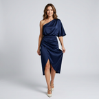 Front view of the Corinne Cocktail Dress Satin One-Shoulder Side-Slit in navy, featuring a one-shoulder neckline, draped satin bodice, gathered waist, and a sophisticated side-slit silhouette. Designed by Bella Hudson.