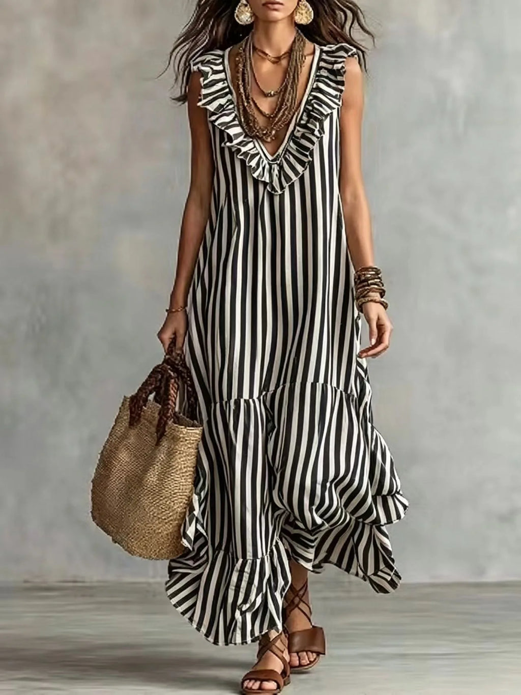 Corinne ruffle striped tiered maxi dress, view 2